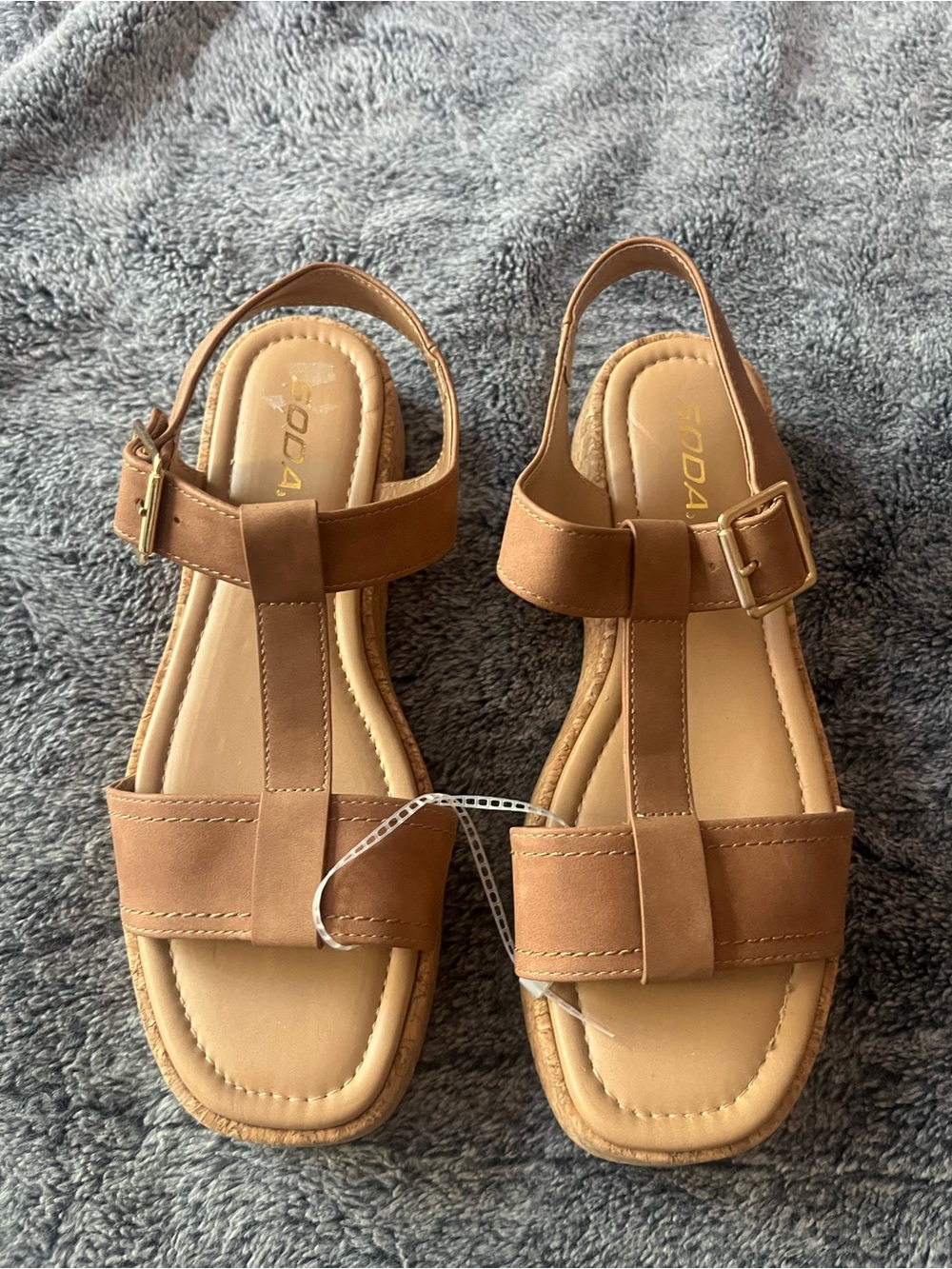 Soda Tan Cork Platform Strappy Sandals with Gold Buckle